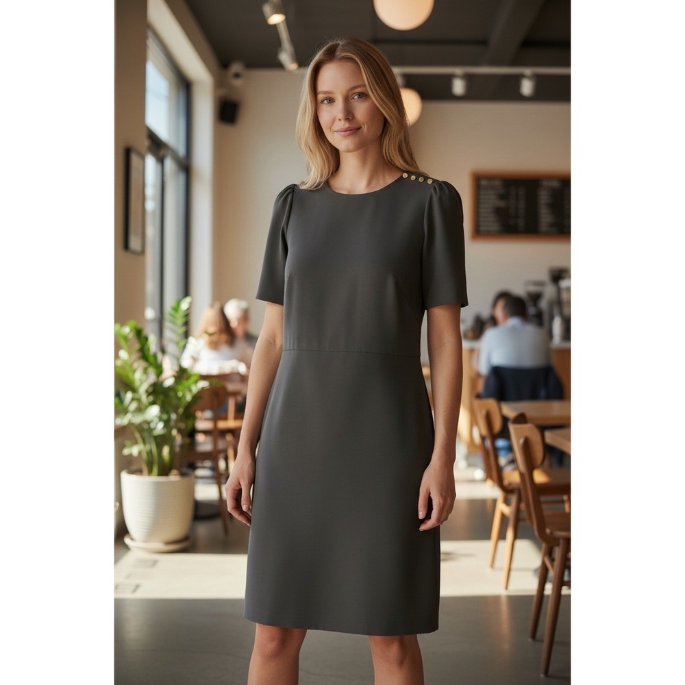 LOFT NWT Women's Blue Gray Shift Dress Button Accent Short Flutter Sleeve 14